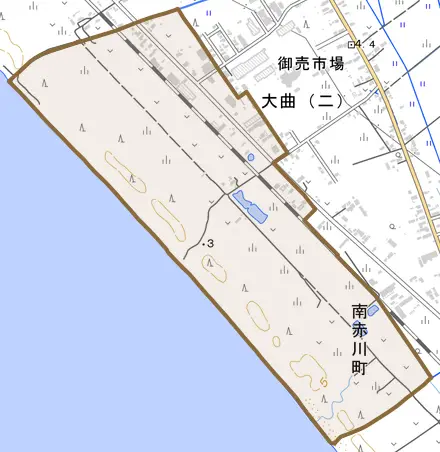 南赤川町とその周辺の地図。町の範囲を重ねている