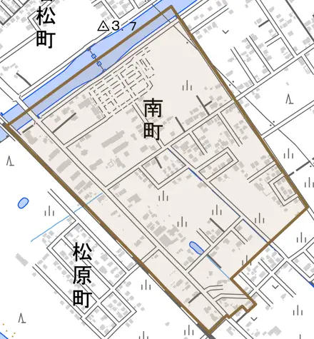 南町とその周辺の地図。町の範囲を重ねている