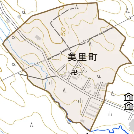 美里町とその周辺の地図。町の範囲を重ねている