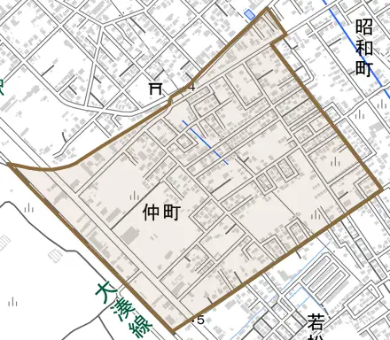 仲町とその周辺の地図。町の範囲を重ねている