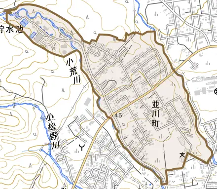 並川町とその周辺の地図。町の範囲を重ねている
