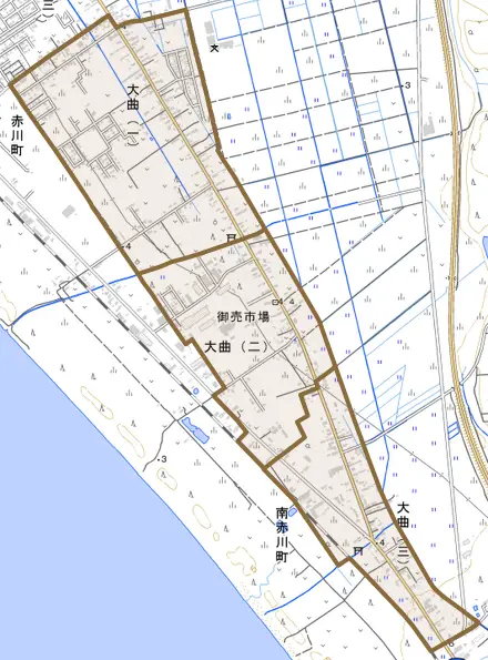 大曲とその周辺の地図。町の範囲を重ねている