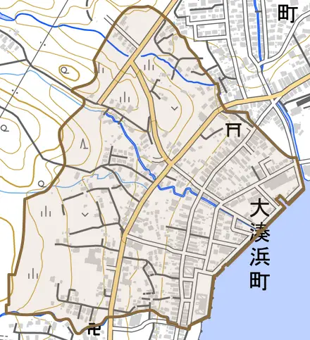 大湊浜町とその周辺の地図。町の範囲を重ねている