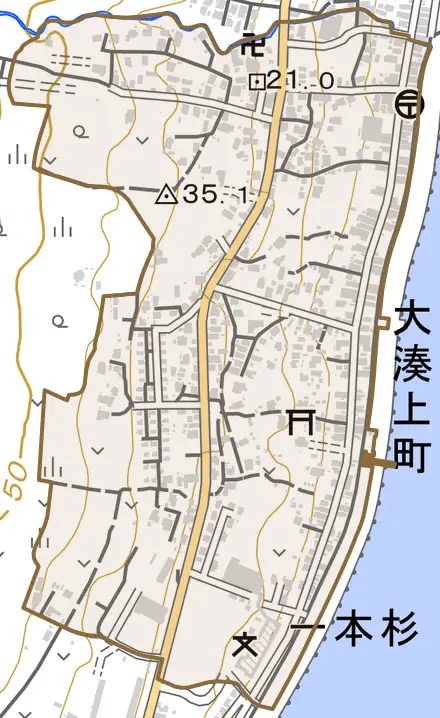 大湊上町とその周辺の地図。町の範囲を重ねている