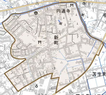 新町とその周辺の地図。町の範囲を重ねている