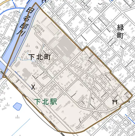 下北町とその周辺の地図。町の範囲を重ねている