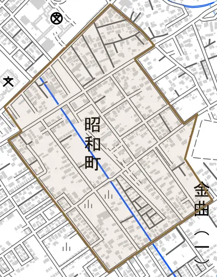 昭和町とその周辺の地図。町の範囲を重ねている