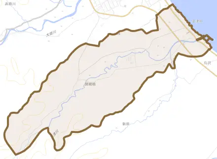 大字正津川とその周辺の地図。町の範囲を重ねている