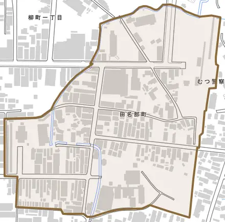 田名部町とその周辺の地図。町の範囲を重ねている