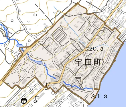 宇田町とその周辺の地図。町の範囲を重ねている