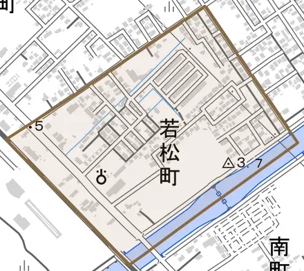 若松町とその周辺の地図。町の範囲を重ねている