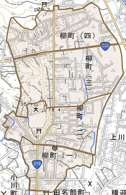 柳町とその周辺の地図。町の範囲を重ねている