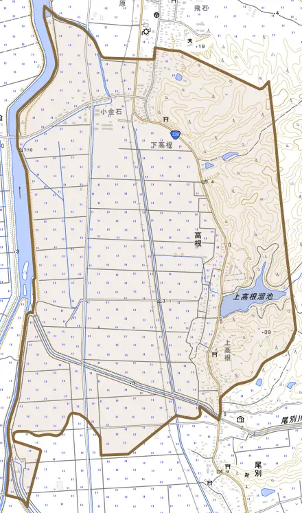 大字高根とその周辺の地図。町の範囲を重ねている