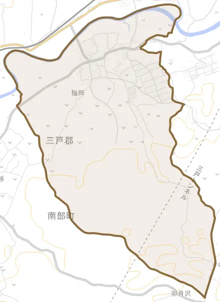 大字福田とその周辺の地図。町の範囲を重ねている