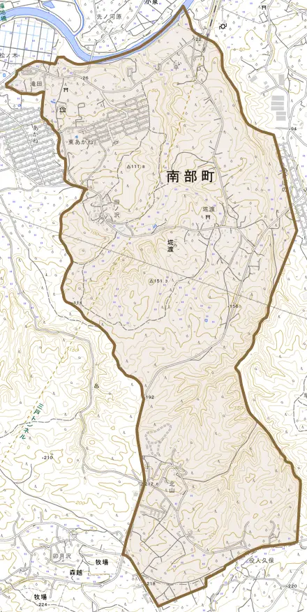 大字埖渡とその周辺の地図。町の範囲を重ねている