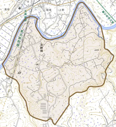 大字法師岡とその周辺の地図。町の範囲を重ねている