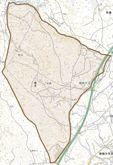 大字椛木とその周辺の地図。町の範囲を重ねている
