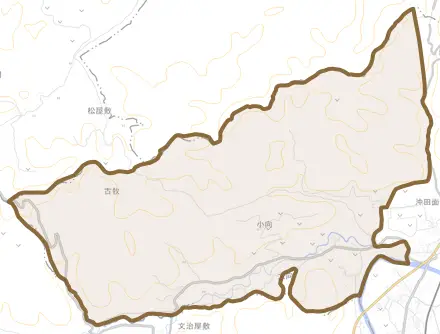 大字小向とその周辺の地図。町の範囲を重ねている