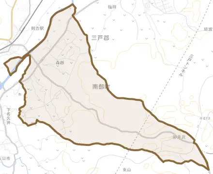 大字森越とその周辺の地図。町の範囲を重ねている