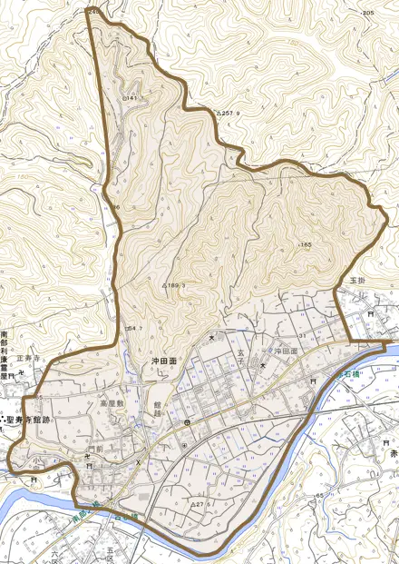 大字沖田面とその周辺の地図。町の範囲を重ねている