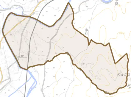 大字大向とその周辺の地図。町の範囲を重ねている