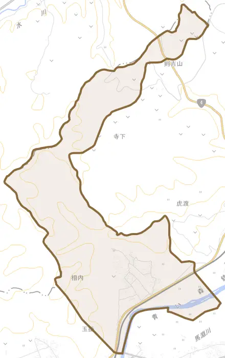 大字相内とその周辺の地図。町の範囲を重ねている