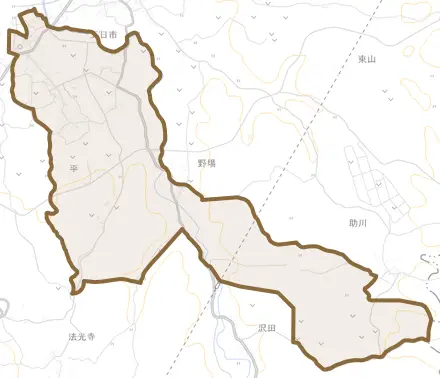 大字平とその周辺の地図。町の範囲を重ねている