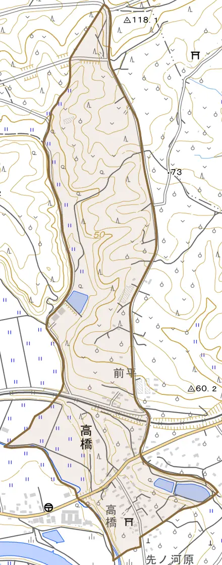 大字高橋とその周辺の地図。町の範囲を重ねている
