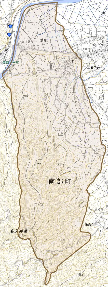 大字高瀬とその周辺の地図。町の範囲を重ねている