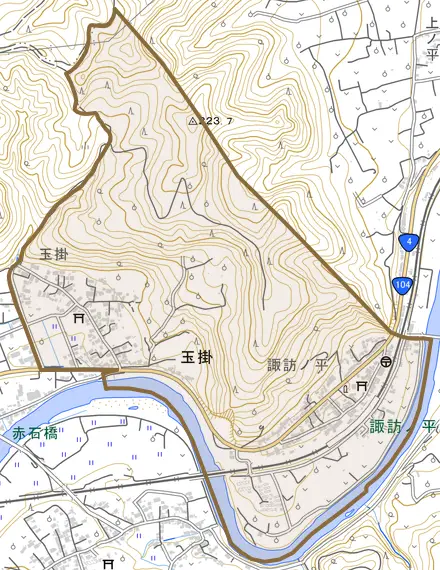 大字玉掛とその周辺の地図。町の範囲を重ねている