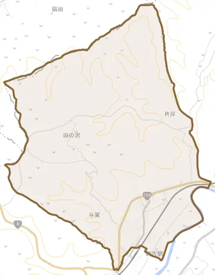 大字斗賀とその周辺の地図。町の範囲を重ねている