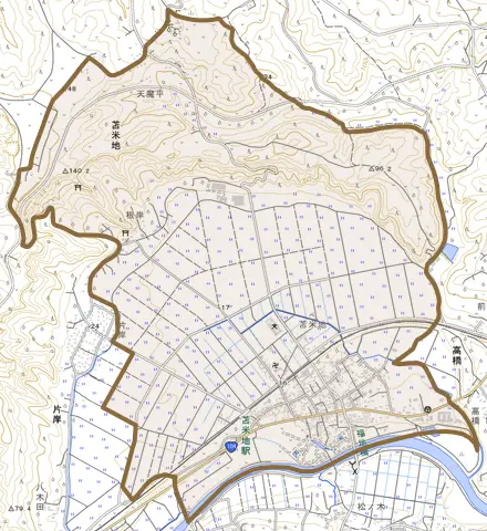 大字苫米地とその周辺の地図。町の範囲を重ねている