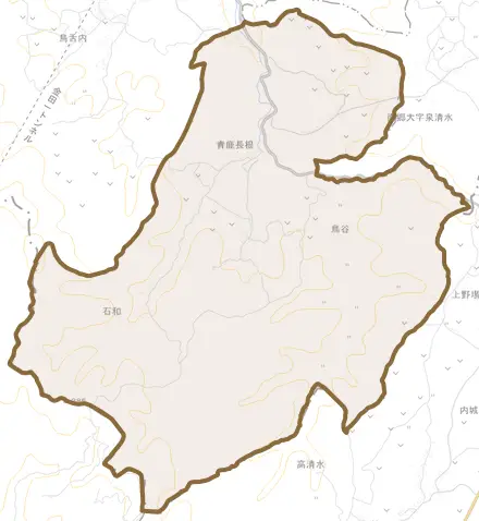 大字鳥谷とその周辺の地図。町の範囲を重ねている