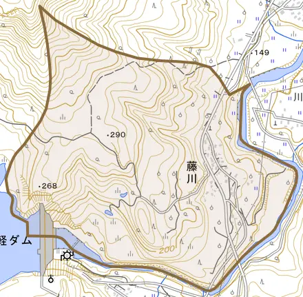 大字藤川とその周辺の地図。町の範囲を重ねている