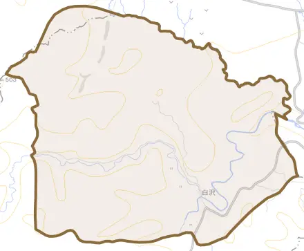 大字白沢とその周辺の地図。町の範囲を重ねている