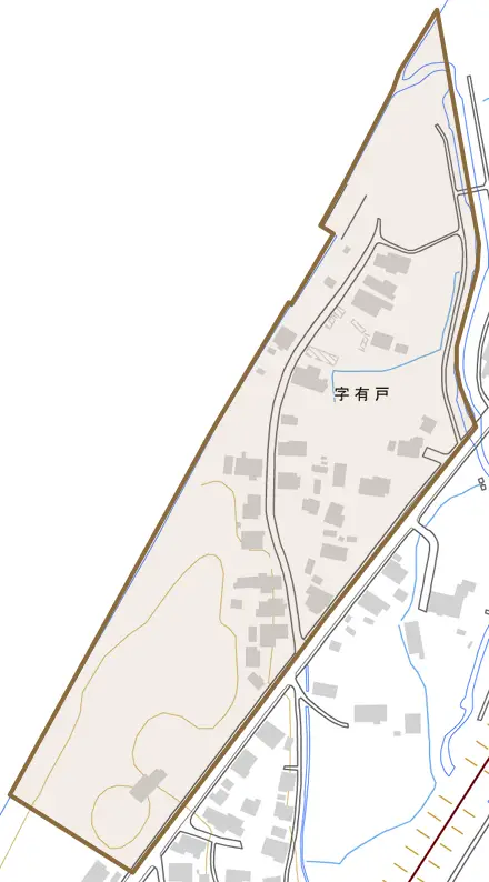 字有戸とその周辺の地図。町の範囲を重ねている