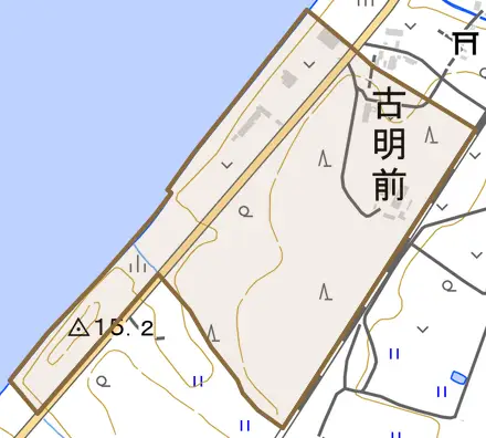 字古明前とその周辺の地図。町の範囲を重ねている