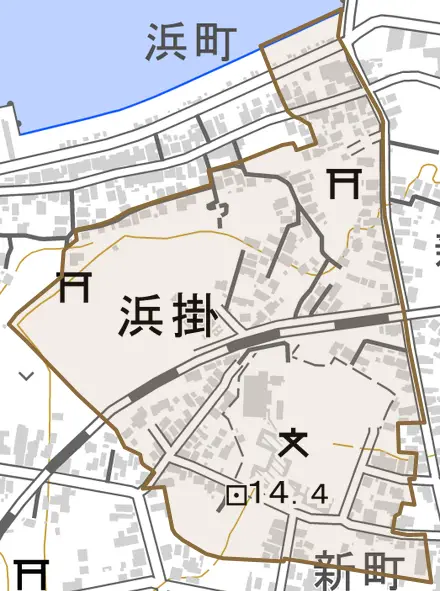 字浜掛とその周辺の地図。町の範囲を重ねている