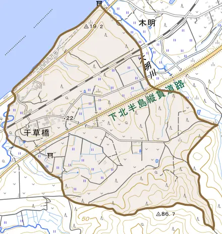 字干草橋とその周辺の地図。町の範囲を重ねている