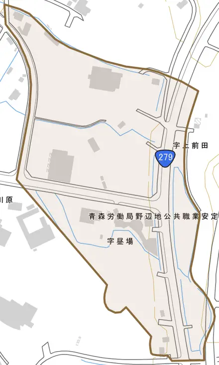 字昼場とその周辺の地図。町の範囲を重ねている