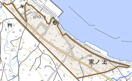 字家ノ上とその周辺の地図。町の範囲を重ねている