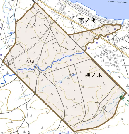 字陣場川原とその周辺の地図。町の範囲を重ねている