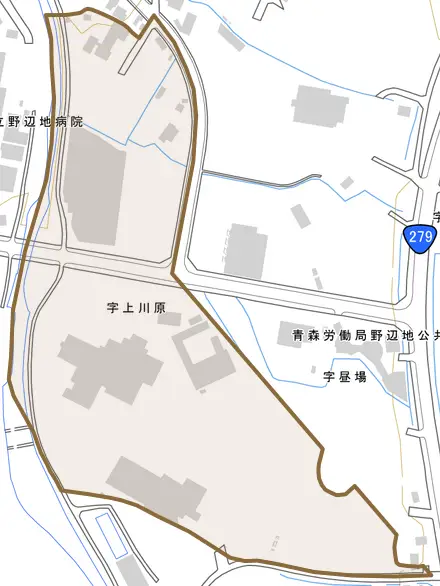 字上川原とその周辺の地図。町の範囲を重ねている