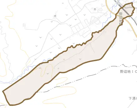 字上小中野とその周辺の地図。町の範囲を重ねている
