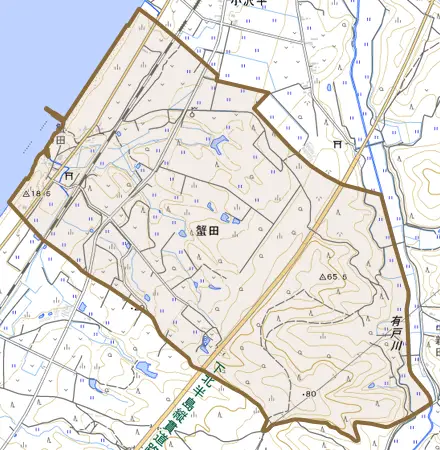 字蟹田とその周辺の地図。町の範囲を重ねている