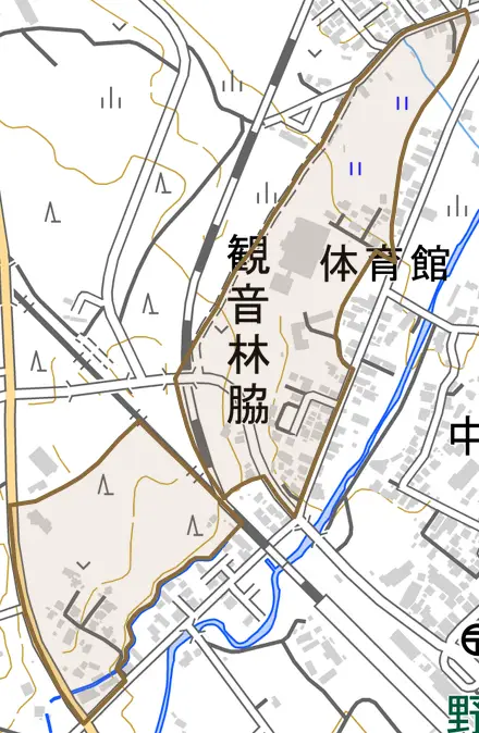 字観音林後とその周辺の地図。町の範囲を重ねている