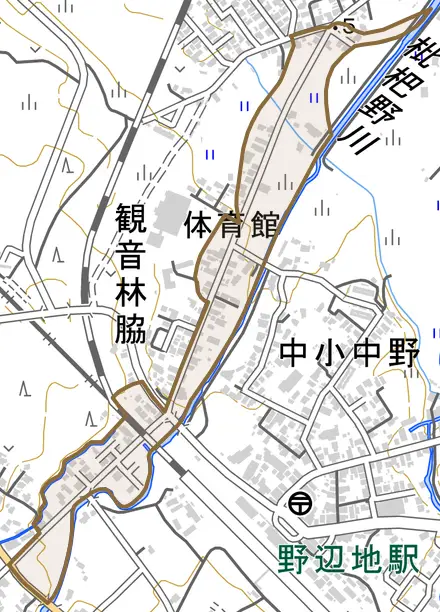 字観音林脇とその周辺の地図。町の範囲を重ねている