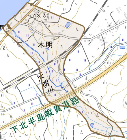 字木明とその周辺の地図。町の範囲を重ねている