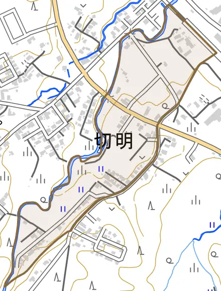 字切明とその周辺の地図。町の範囲を重ねている