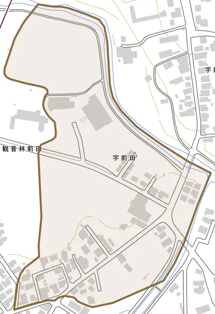 字前田とその周辺の地図。町の範囲を重ねている